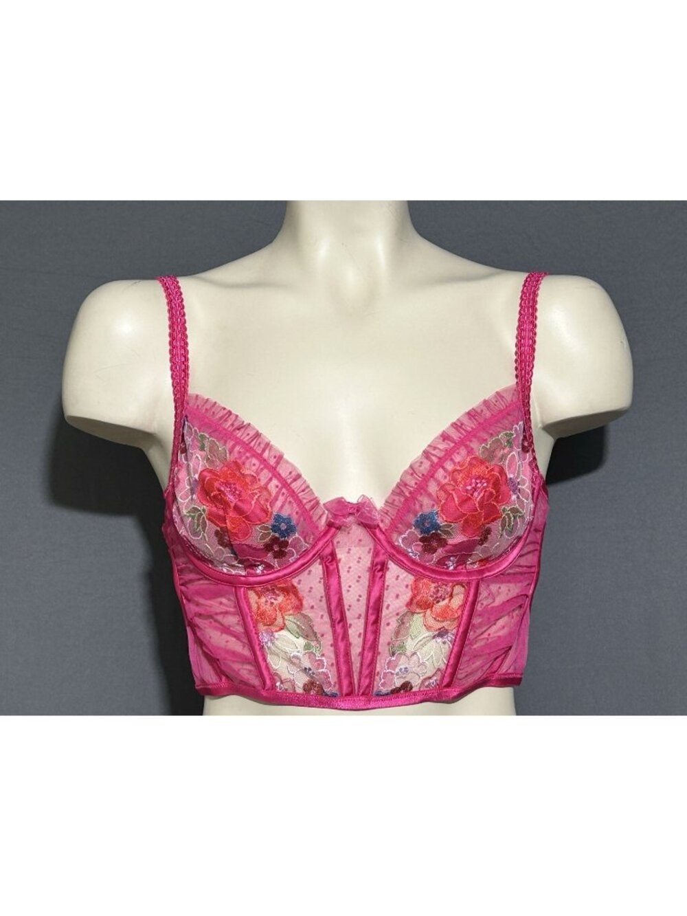 For Love And Lemons Long Line Bra Sz Small Pink Floral Embroidery Underwired